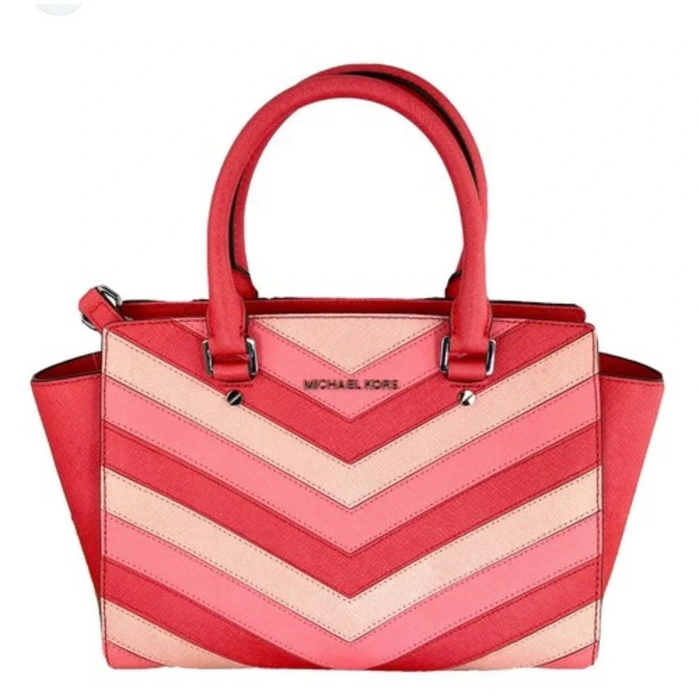 Michael Kors Selma Chevron-Striped Medium Top Zip Satchel Crossbody Pink & Coral